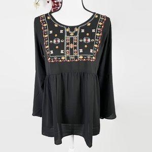 Loft Factory XS boho black sheer embroidered top